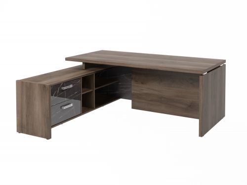 Стол руководителя с опорной тумбой Festus FI-119L.GG 1800x1900x750 (Орех Пацифик Табак/Камень Пьетра Гриджиа черный)